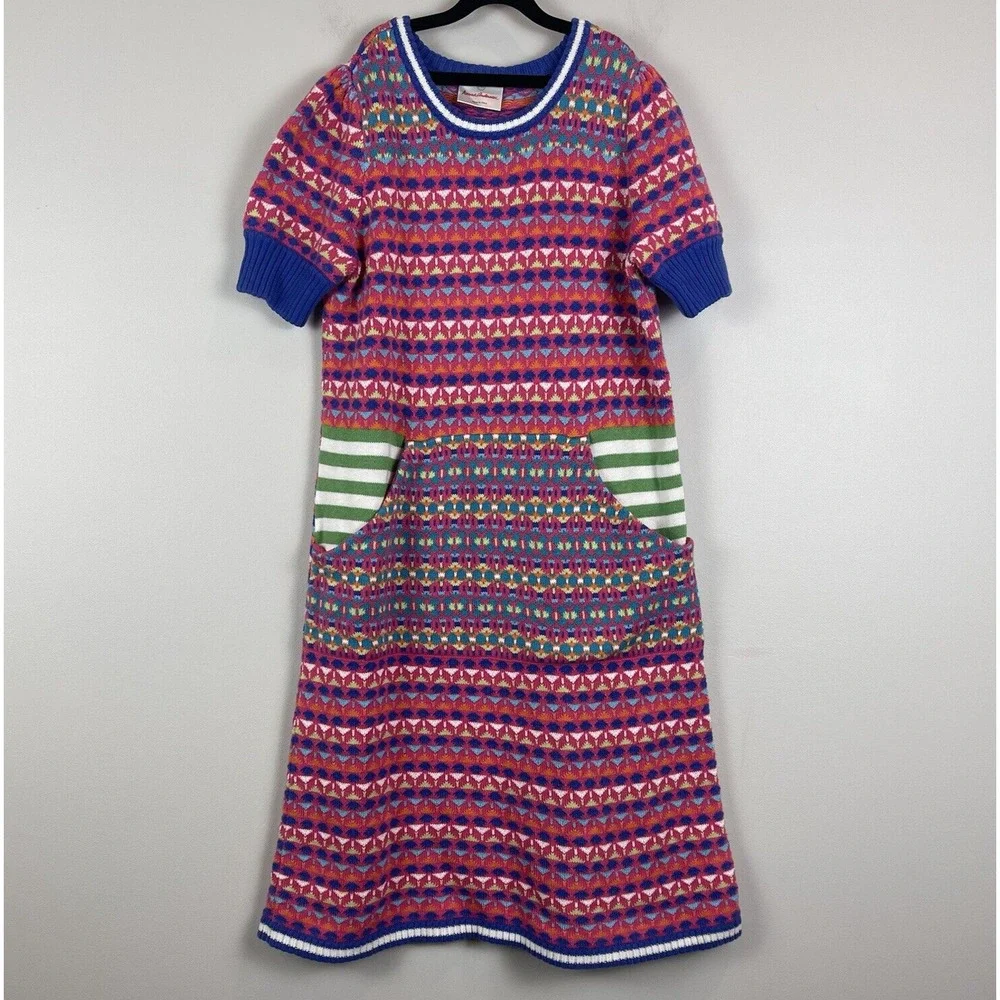 Hanna Andersson Sweater Dress Size 140 US 10 Cotton Knit Pink Blue Green Stripes